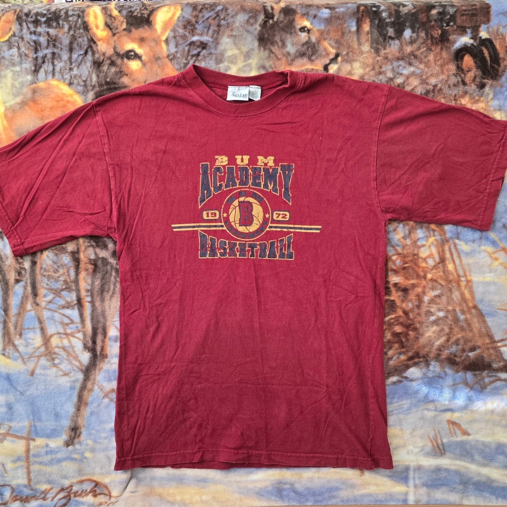 Vintage B.U.M. Equipment 1972 Basketball Academy Y2K Maroon Red Tee sz Large